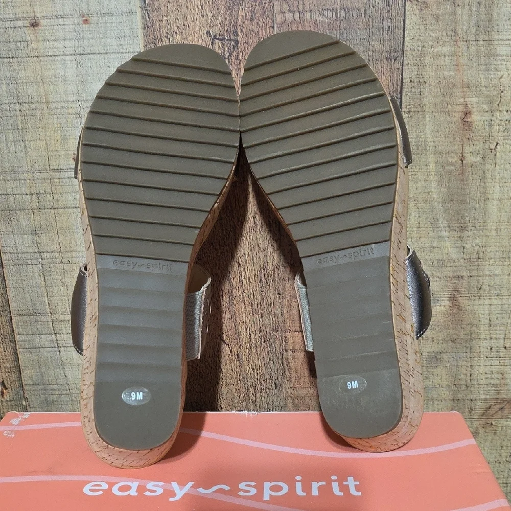 Easy Spirit Silver Metallic Two-Band Cork Wedge Slide
